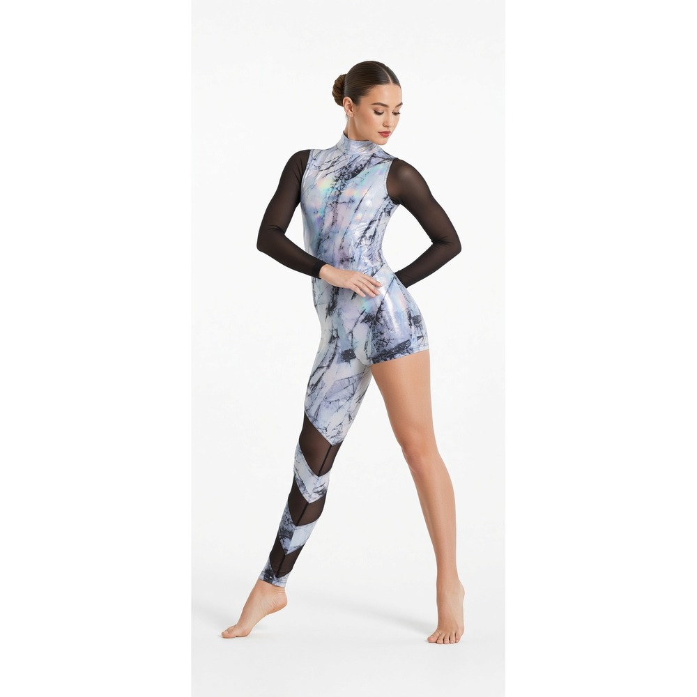 Weissman 11840 Asymmetric Dance Costume Unitard Marble Holographic Mesh AL